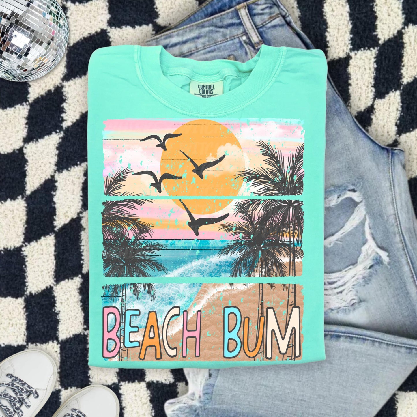 Beach Bum Shirt, Coral Comfort Colors Tee With Retro Ocean Sunset