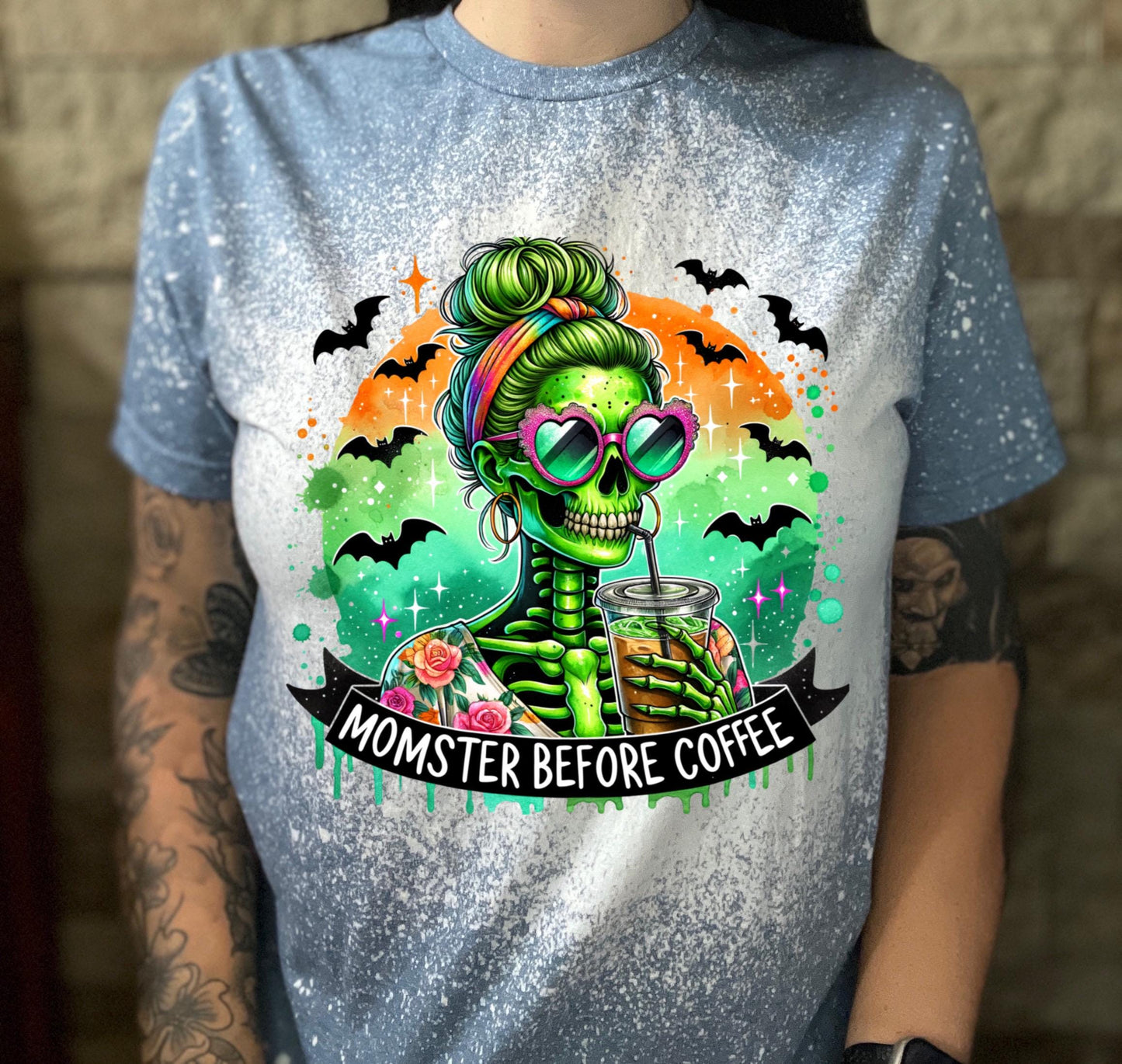 Momster Coffee skeleton bleached tee | vintage | retro | funny shirt | Halloween | snarky | goth | custom | mom | summer | soft tee