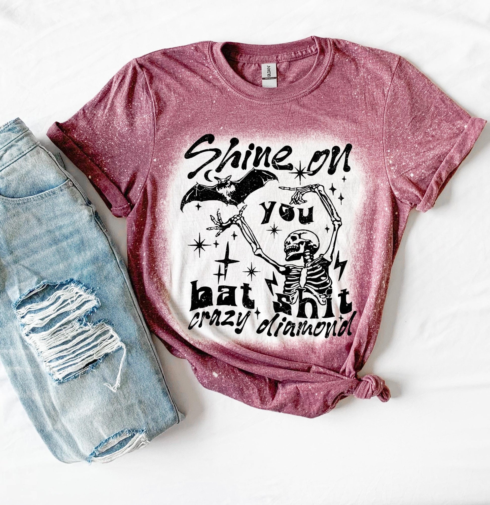 Handmade funny bat shirt with skeleton graphic, bat artwork, stars, and sarcastic bat shit crazy diamond quote.