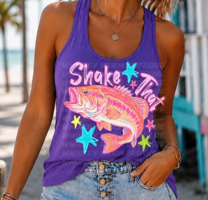 Shake that bass Funny Fishing Tank Top, Neon Pink Fish Shirt for Summer Lake Days. funny fishing tank top for women, vacation top, gift idea