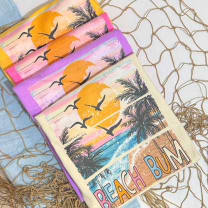 Beach Bum Shirt, Coral Comfort Colors Tee With Retro Ocean Sunset