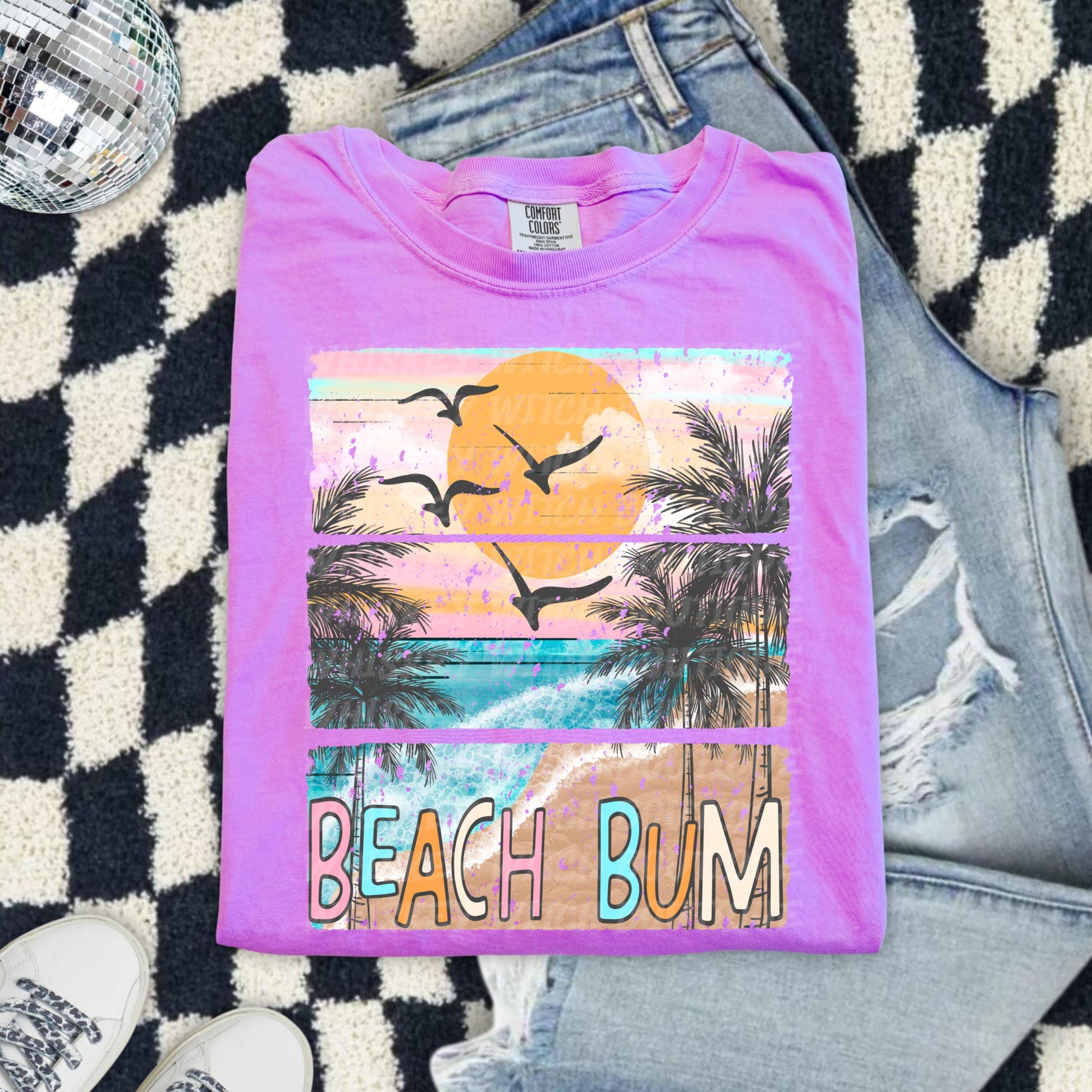 Beach Bum Shirt, Coral Comfort Colors Tee With Retro Ocean Sunset