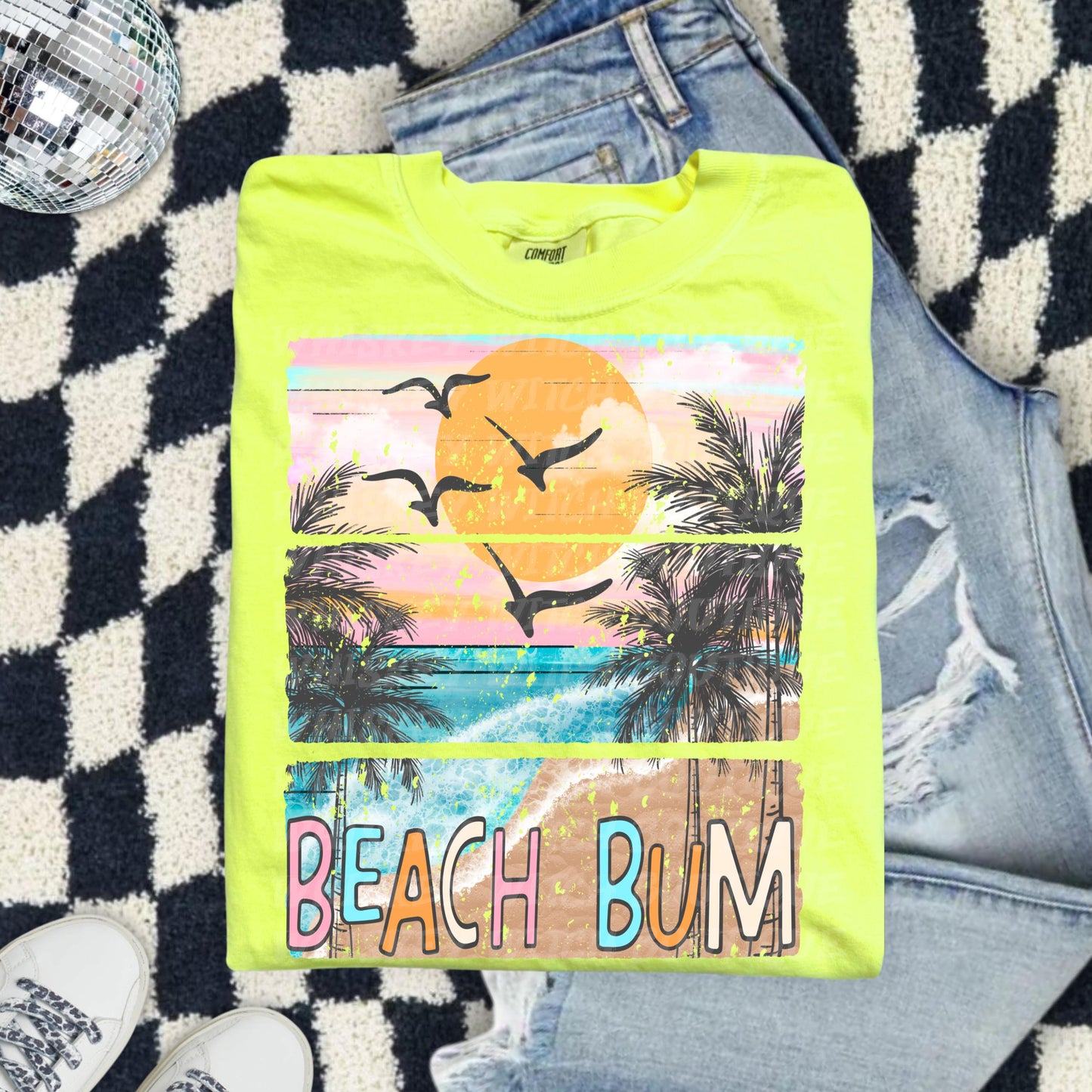 Beach Bum Shirt, Coral Comfort Colors Tee With Retro Ocean Sunset