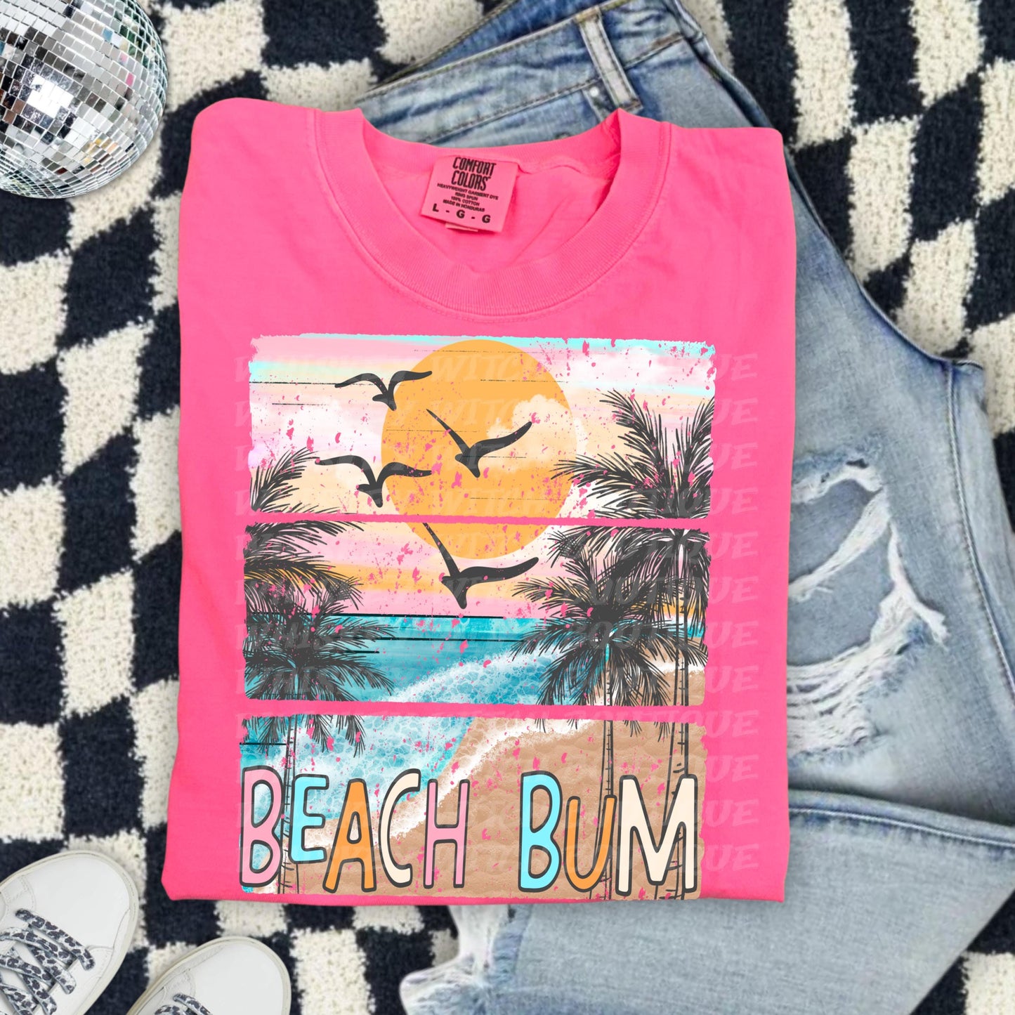 Beach Bum Shirt, Coral Comfort Colors Tee With Retro Ocean Sunset