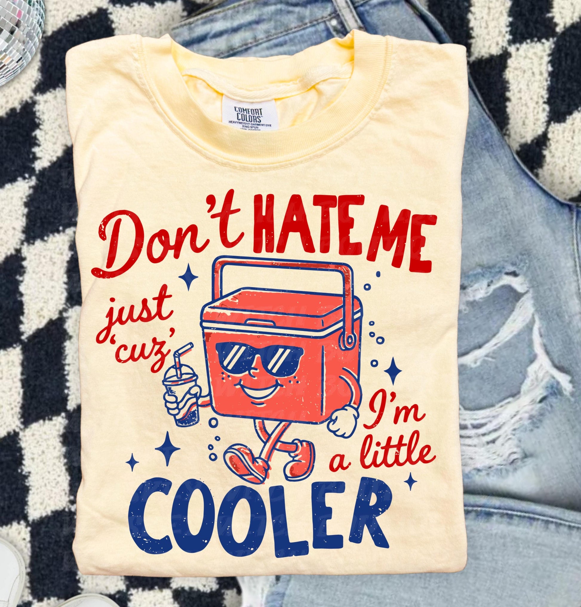 Handmade funny summer shirt featuring a smiling cooler with sunglasses, drink cup, and bold retro text.