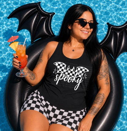 Handmade black spooky bat tank top with a white checkered graphic, perfect for goth summer outfits, pool days, vacations, and spooky cute everyday style.
