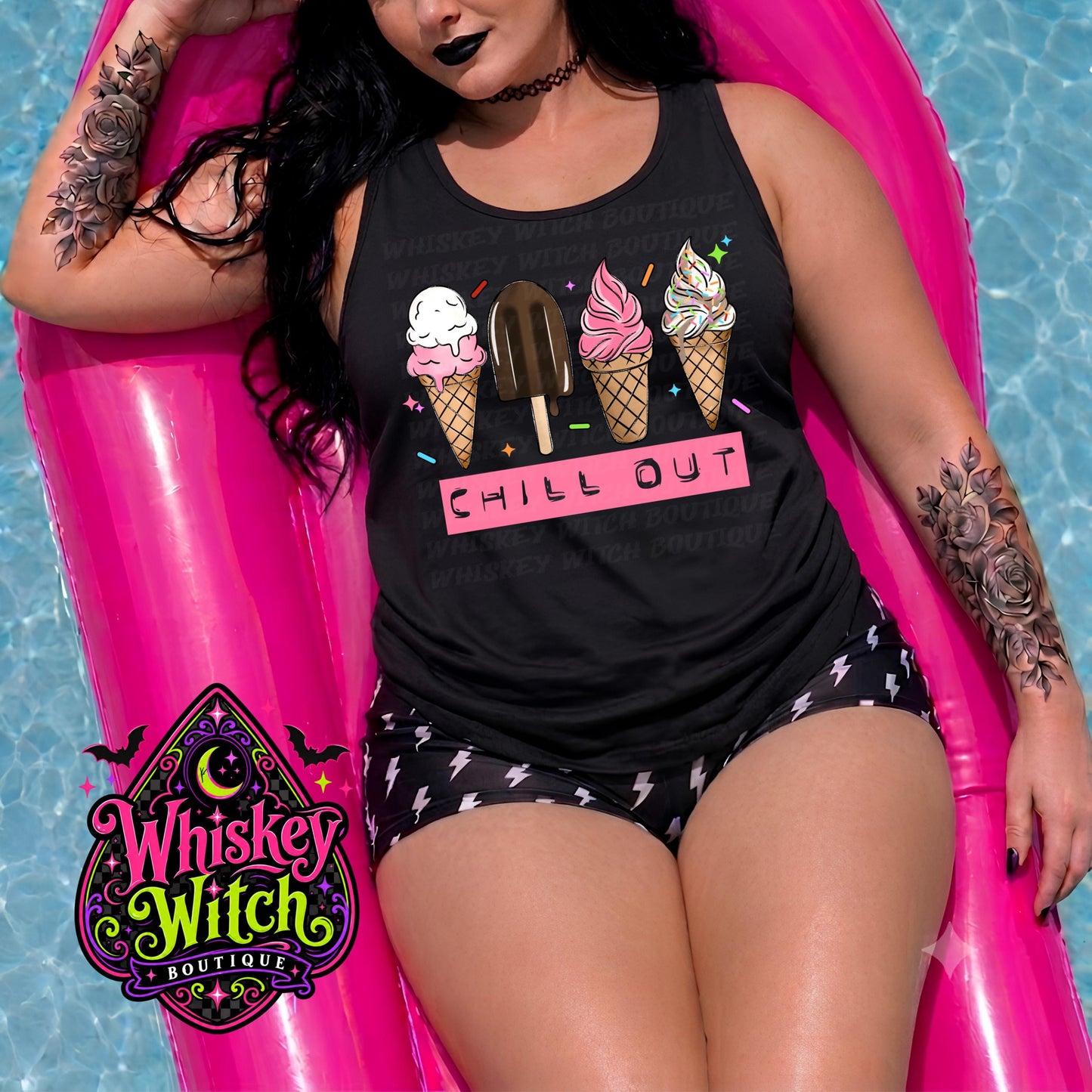 Spooky Summer Tank Top, Chill Out Ice Cream Graphic, Women’s Black Racerback