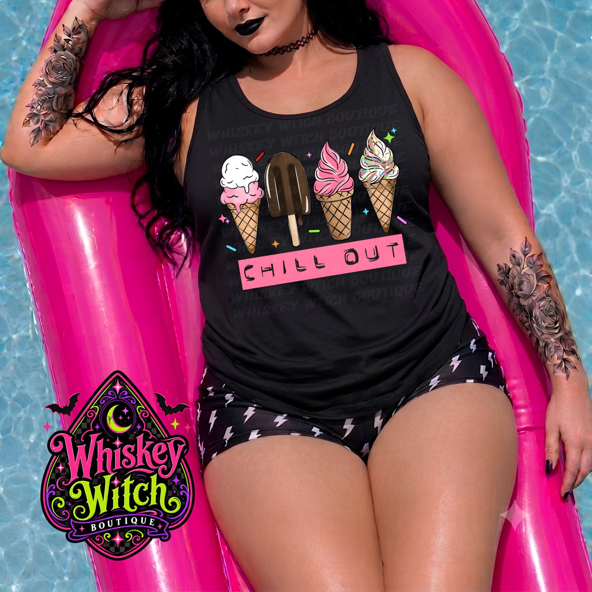 Spooky Summer Tank Top, Chill Out Ice Cream Graphic, Women’s Black Racerback