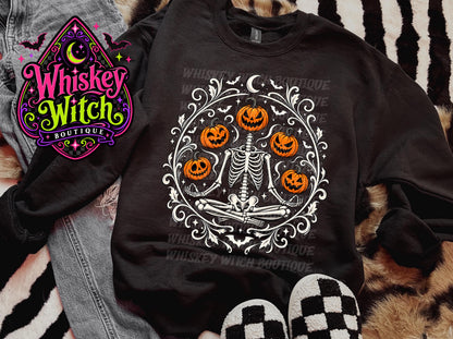 Halloween Skeleton Shirt, Pumpkin Graphic Tee | Spooky Gildan Crewneck Sweatshirt
