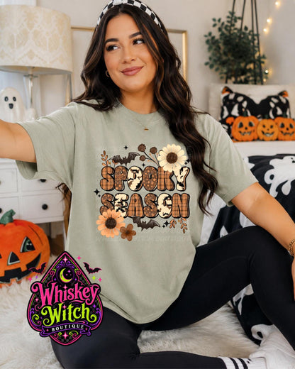 Comfort Colors Halloween Shirt, Spooky Season Tee | Retro Floral Bat Graphic