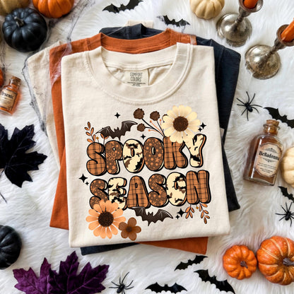 Comfort Colors Halloween Shirt, Spooky Season Tee | Retro Floral Bat Graphic