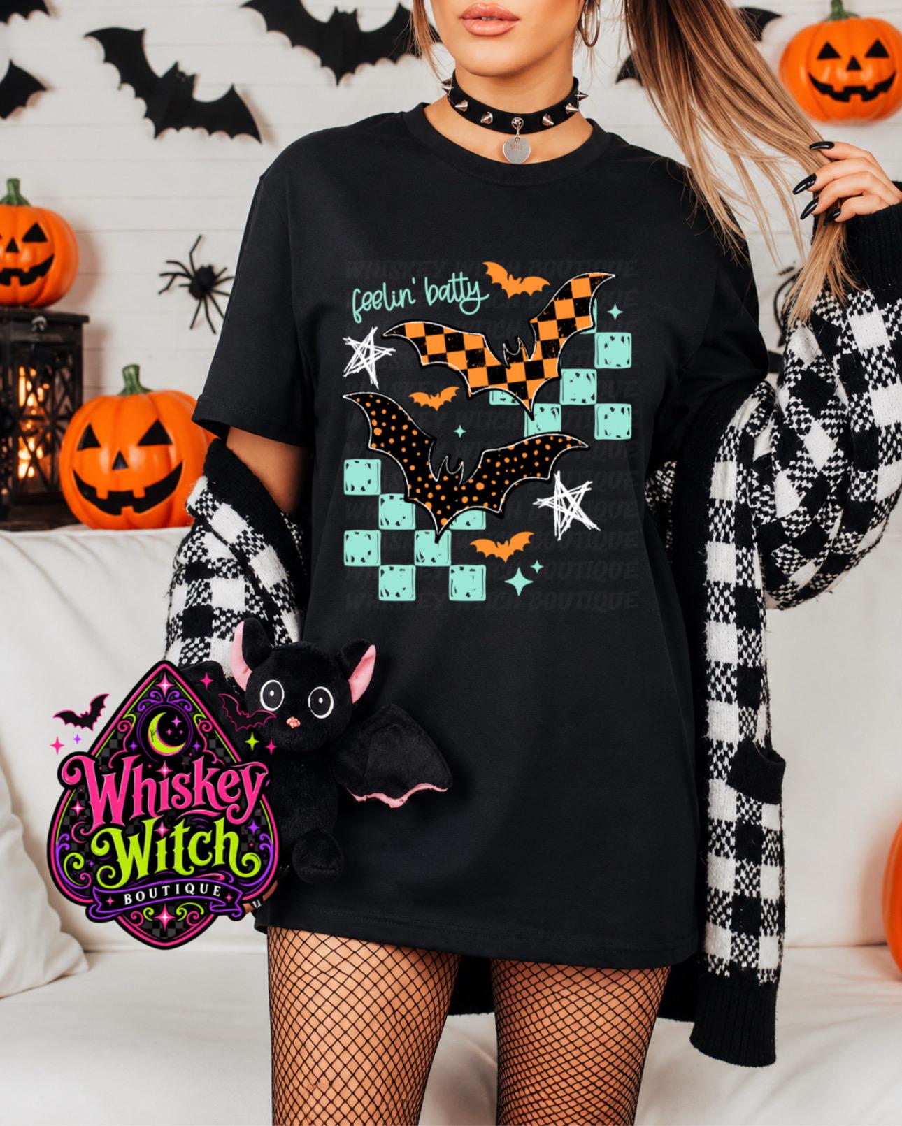 Halloween Bat Shirt or Sweatshirt, Feelin Batty Tee | Retro Checkerboard Spooky Graphic