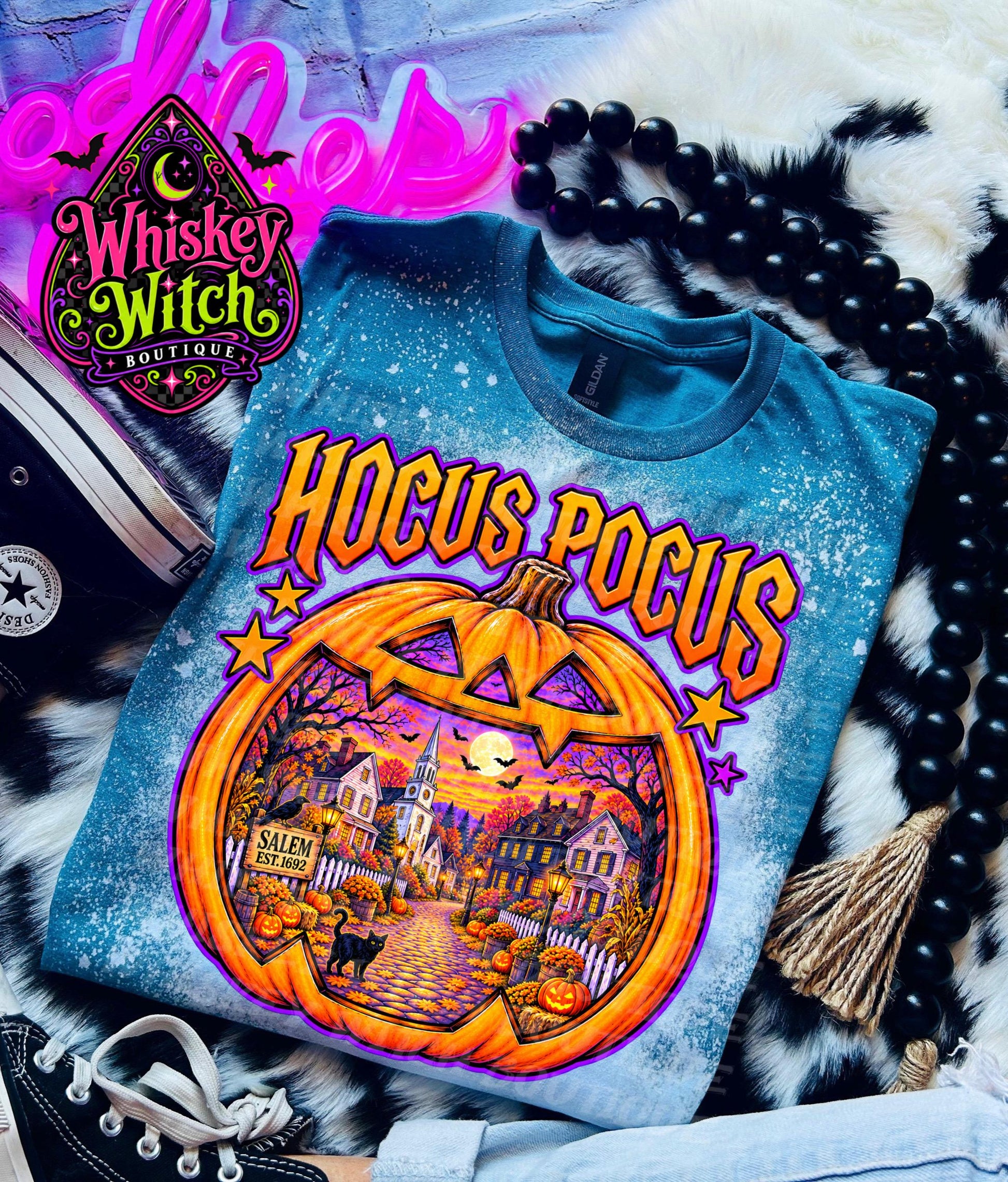 Salem Halloween Shirt, Hocus Pocus Bleached Tee | Witchy Pumpkin Graphic Shirt