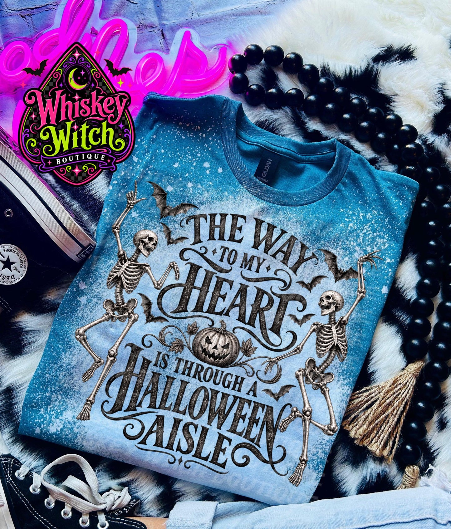 Bleached Halloween Shirt, Skeleton Graphic Tee | The Way to My Heart Is Through a Halloween Aisle | Spooky Fall Tee