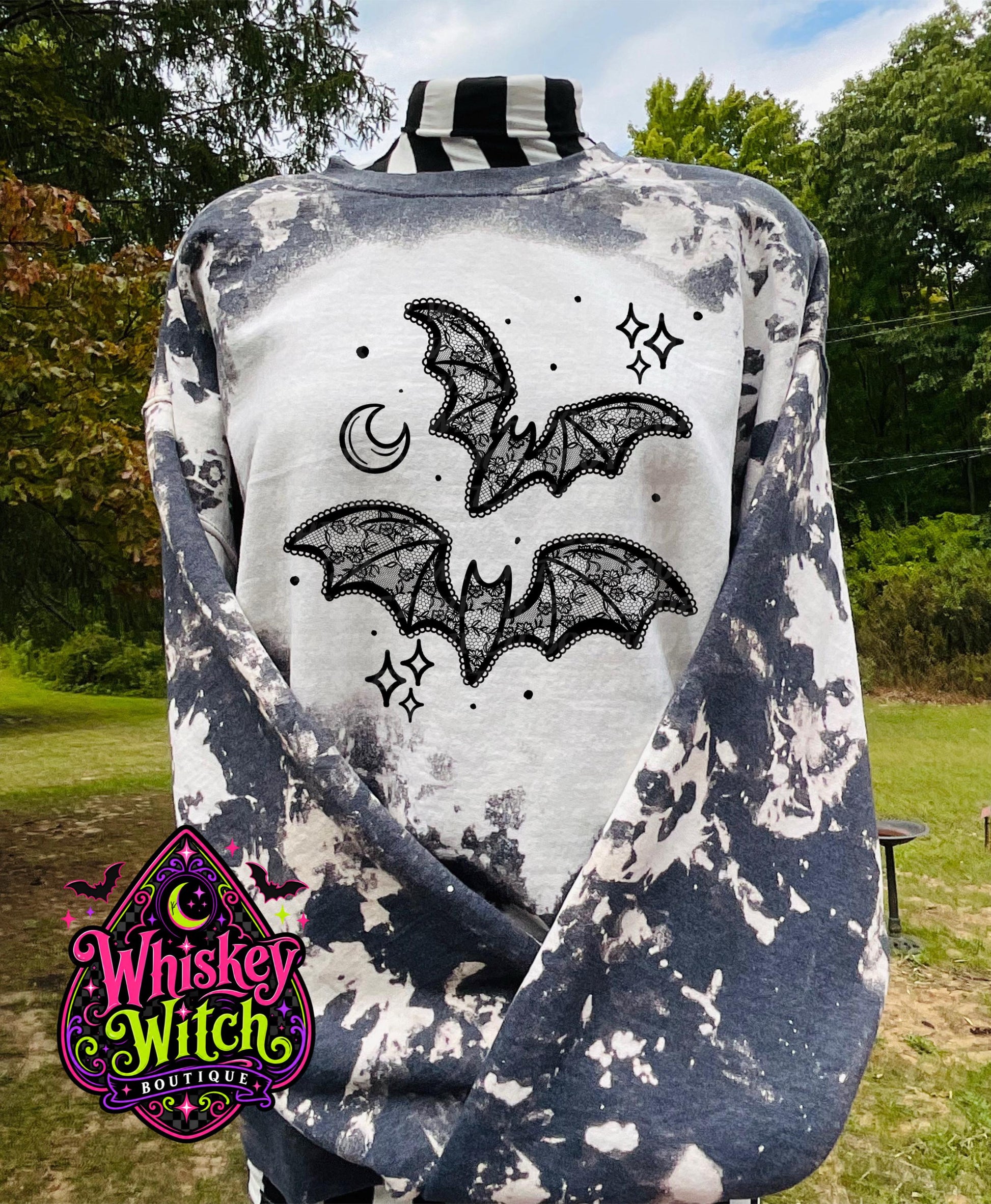 Lace Bat Sweatshirt, Bleached Halloween Crewneck | Gothic Floral Bat Graphic