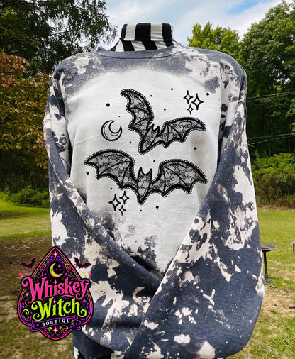 Lace Bat Sweatshirt, Bleached Halloween Crewneck | Gothic Floral Bat Graphic