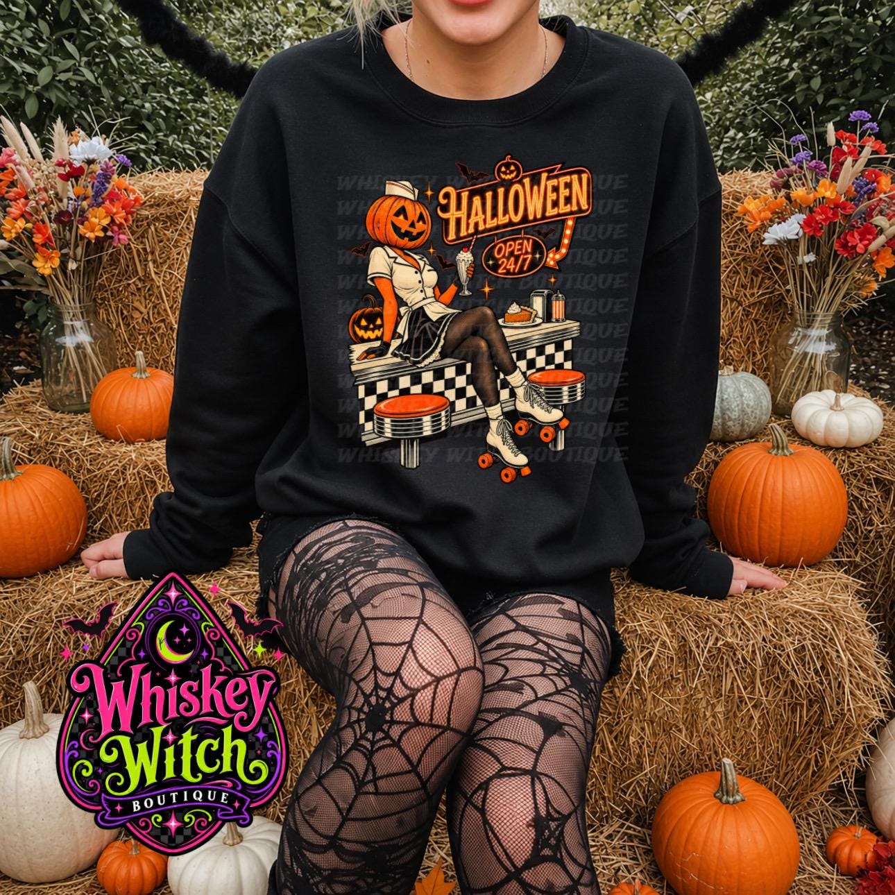 Retro Halloween Shirt or Sweatshirt, Pumpkin Head Graphic Tee | Vintage Spooky Diner Halloween Top
