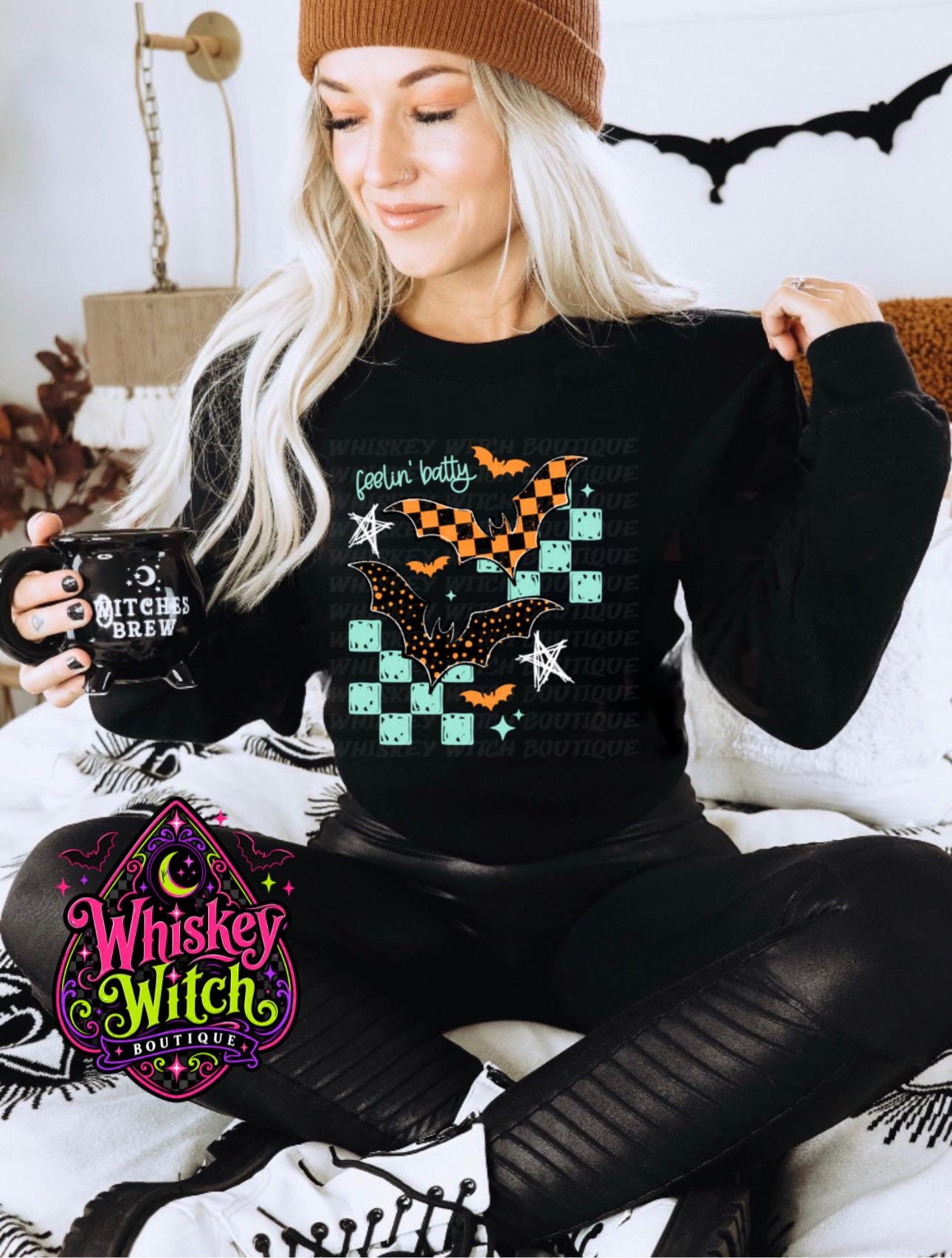 Halloween Bat Shirt or Sweatshirt, Feelin Batty Tee | Retro Checkerboard Spooky Graphic