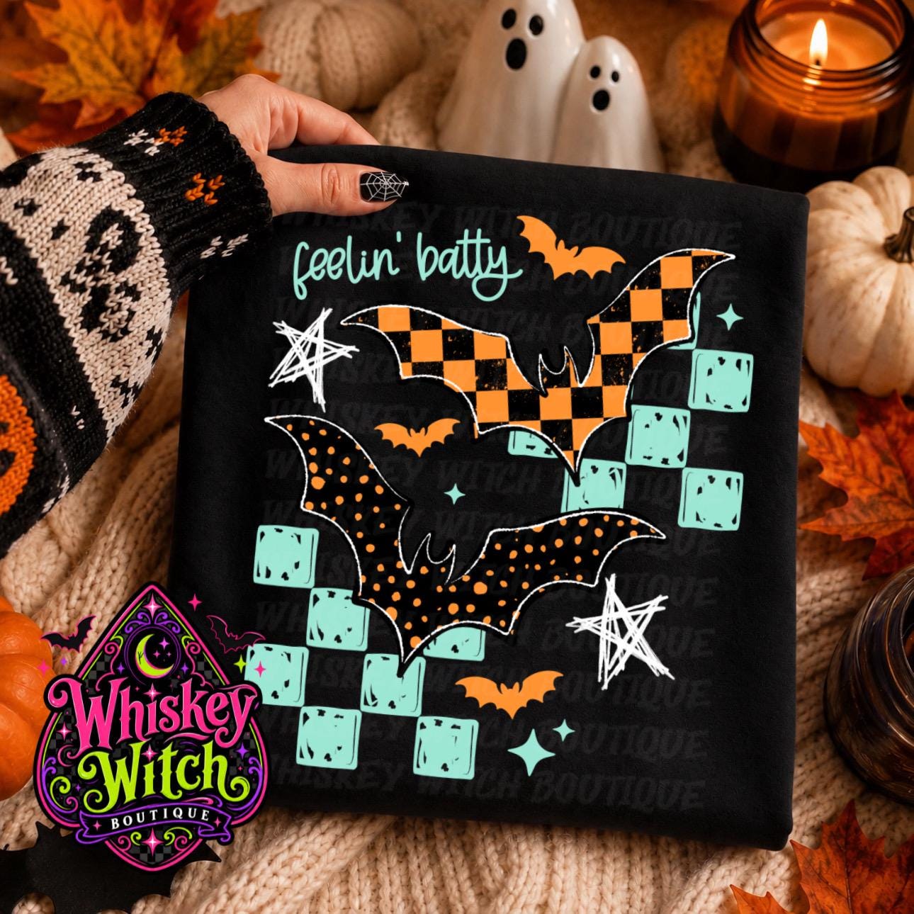 Halloween Bat Shirt or Sweatshirt, Feelin Batty Tee | Retro Checkerboard Spooky Graphic