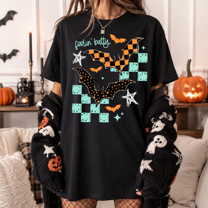 Halloween Bat Shirt or Sweatshirt, Feelin Batty Tee | Retro Checkerboard Spooky Graphic