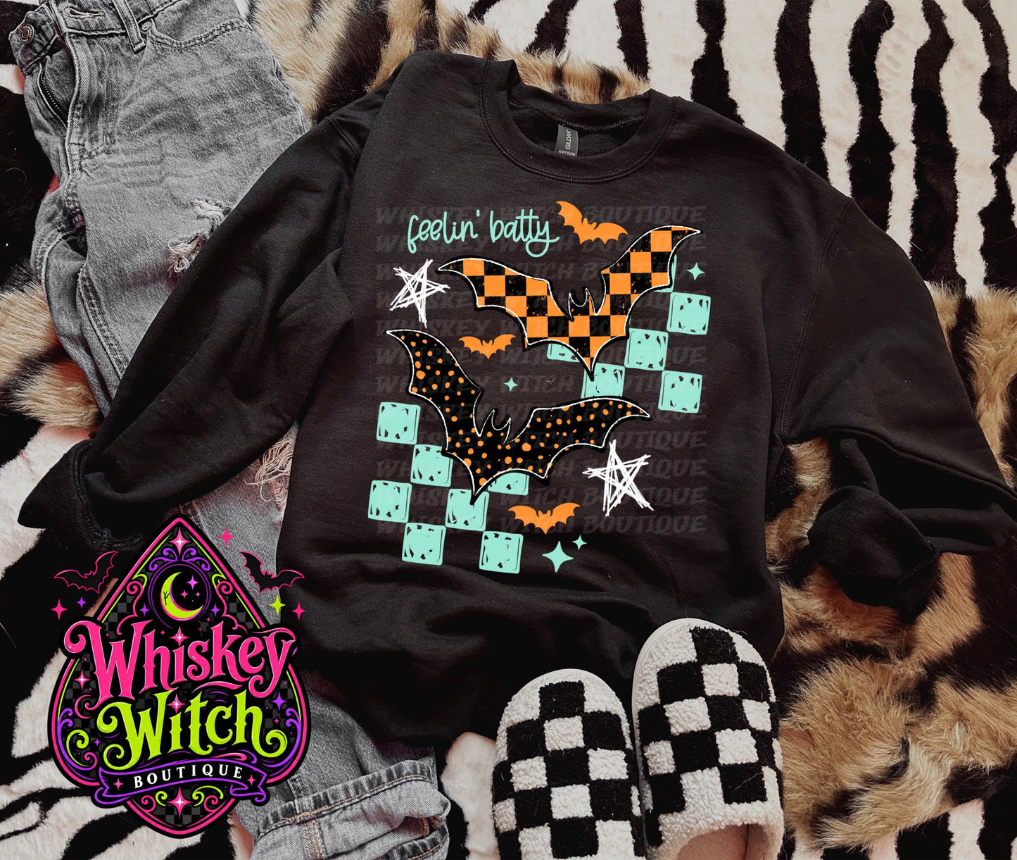 Halloween Bat Shirt or Sweatshirt, Feelin Batty Tee | Retro Checkerboard Spooky Graphic