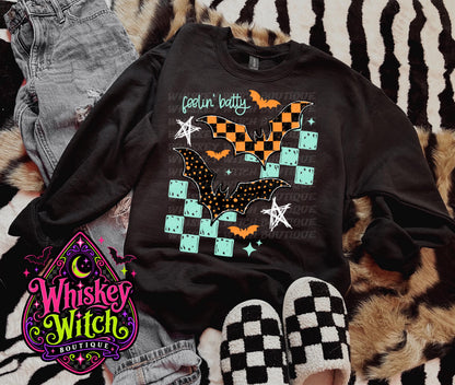 Halloween Bat Shirt or Sweatshirt, Feelin Batty Tee | Retro Checkerboard Spooky Graphic
