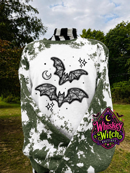 Lace Bat Sweatshirt, Bleached Halloween Crewneck | Gothic Floral Bat Graphic